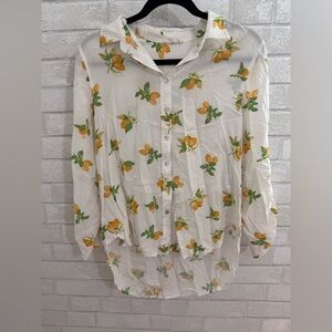 Jane and Delancey Lemon Print Button Down Rayon lightweight long sleeve M #1873